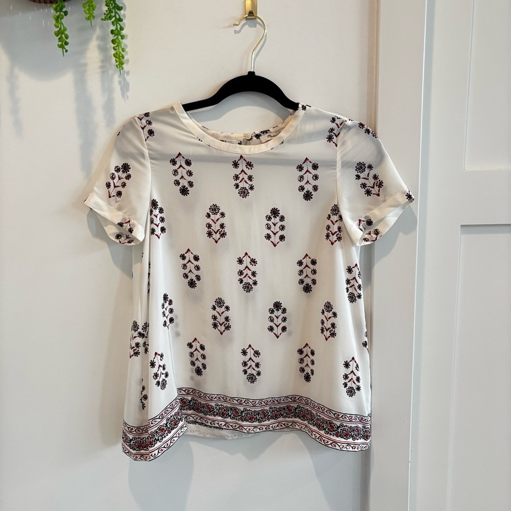 Madewell 100% Silk Women's XXS Short Sleeve Bohemian Flowy Earthy Cream Blouse